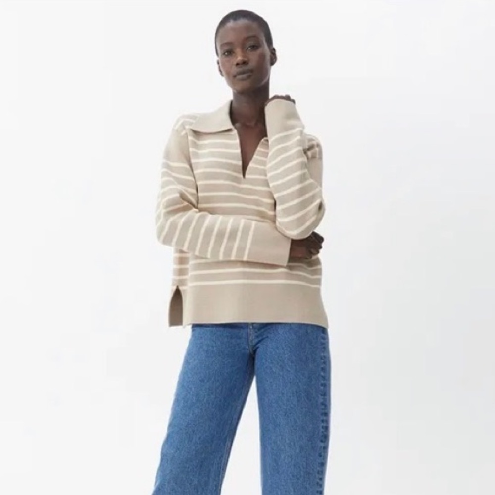 Arket 100% Cotton Beige Stripped Relaxed Fit Knit Jumper Sweater Wide Collar MD